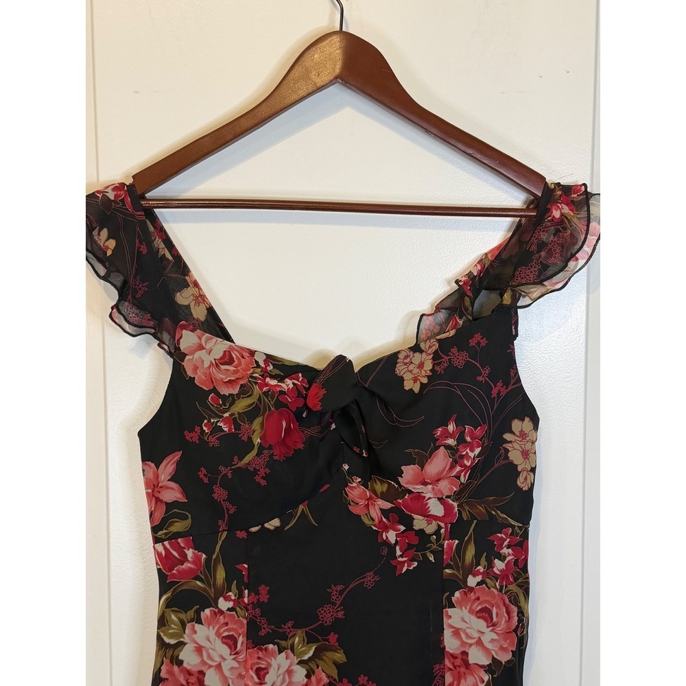 Vintage Madison Leigh Y2K Romantic Black Floral Ruffle Sleeve Midi Dress Size 10 - Picture 4 of 9